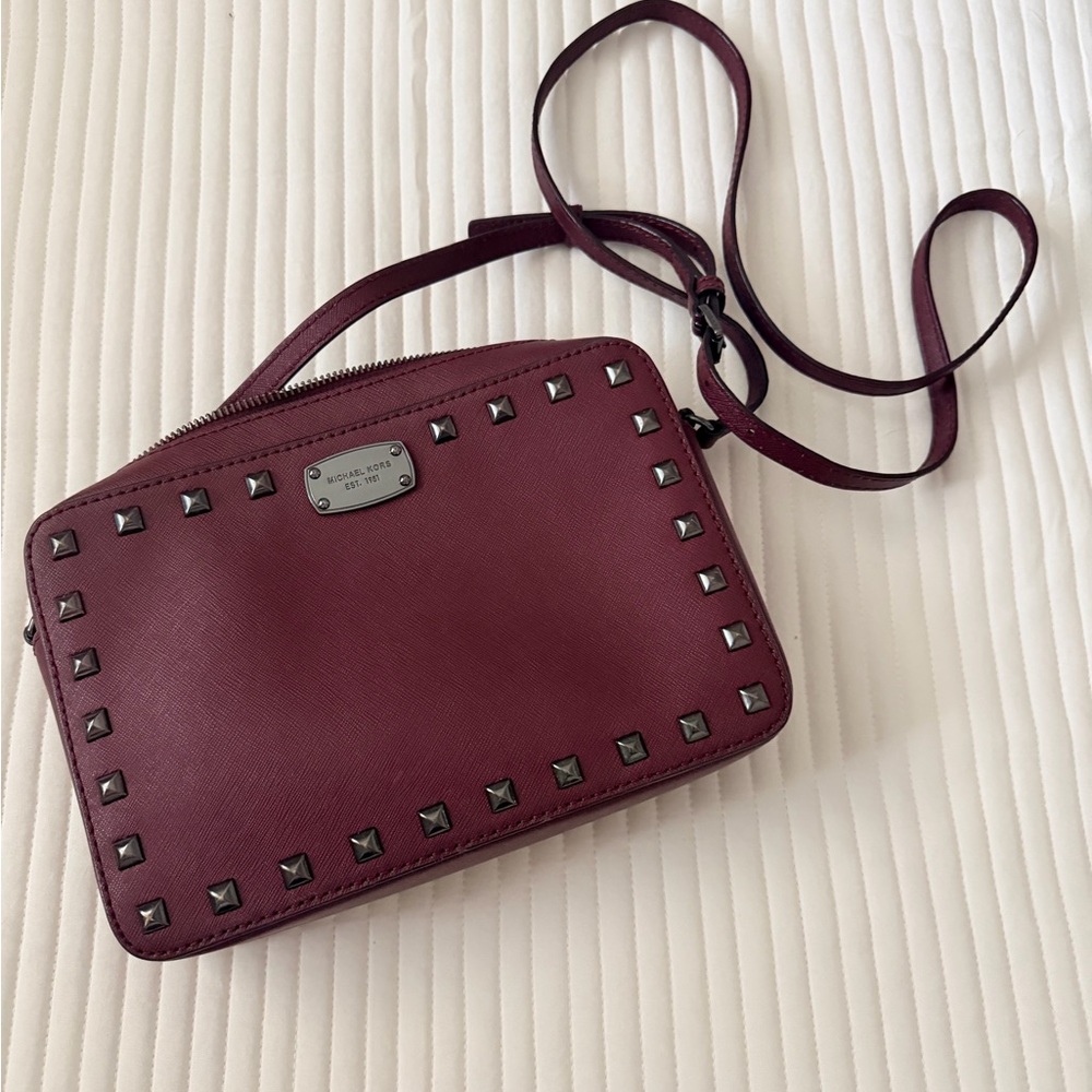 Michael Kors  Sandrine Dark Red Studded affine Leather Crossbody Bag